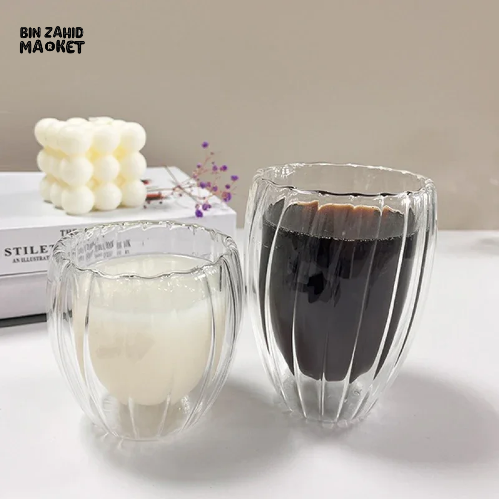 STRIPE DOUBLE WALL BOROSILICATE GLASS MUG 350ML – HEAT RESISTANT FOR TEA COFFEE JUICE