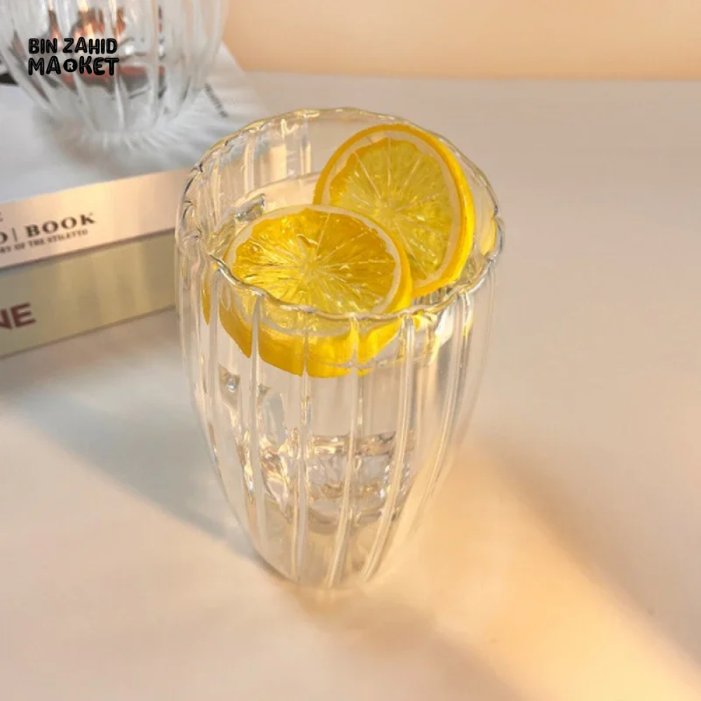 STRIPE DOUBLE WALL BOROSILICATE GLASS MUG 350ML – HEAT RESISTANT FOR TEA COFFEE JUICE