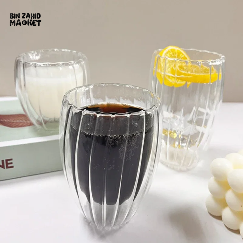 STRIPE DOUBLE WALL BOROSILICATE GLASS MUG 350ML – HEAT RESISTANT FOR TEA COFFEE JUICE
