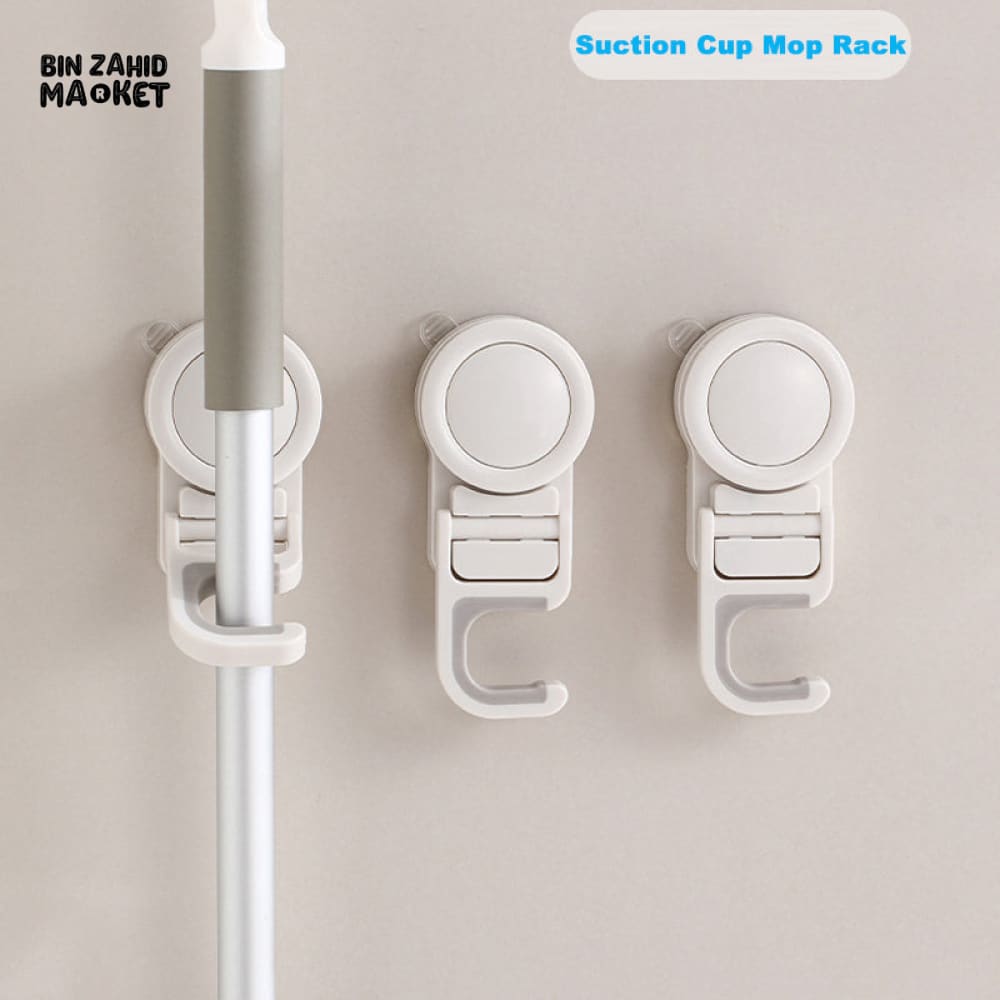 SUCTION CUP MOP HOLDER – WATERPROOF WALL MOUNT CLIP RACK FOR BROOM BRUSH & CLEANING TOOLS KITCHEN & BATHROOM STORAGE ORGANIZER