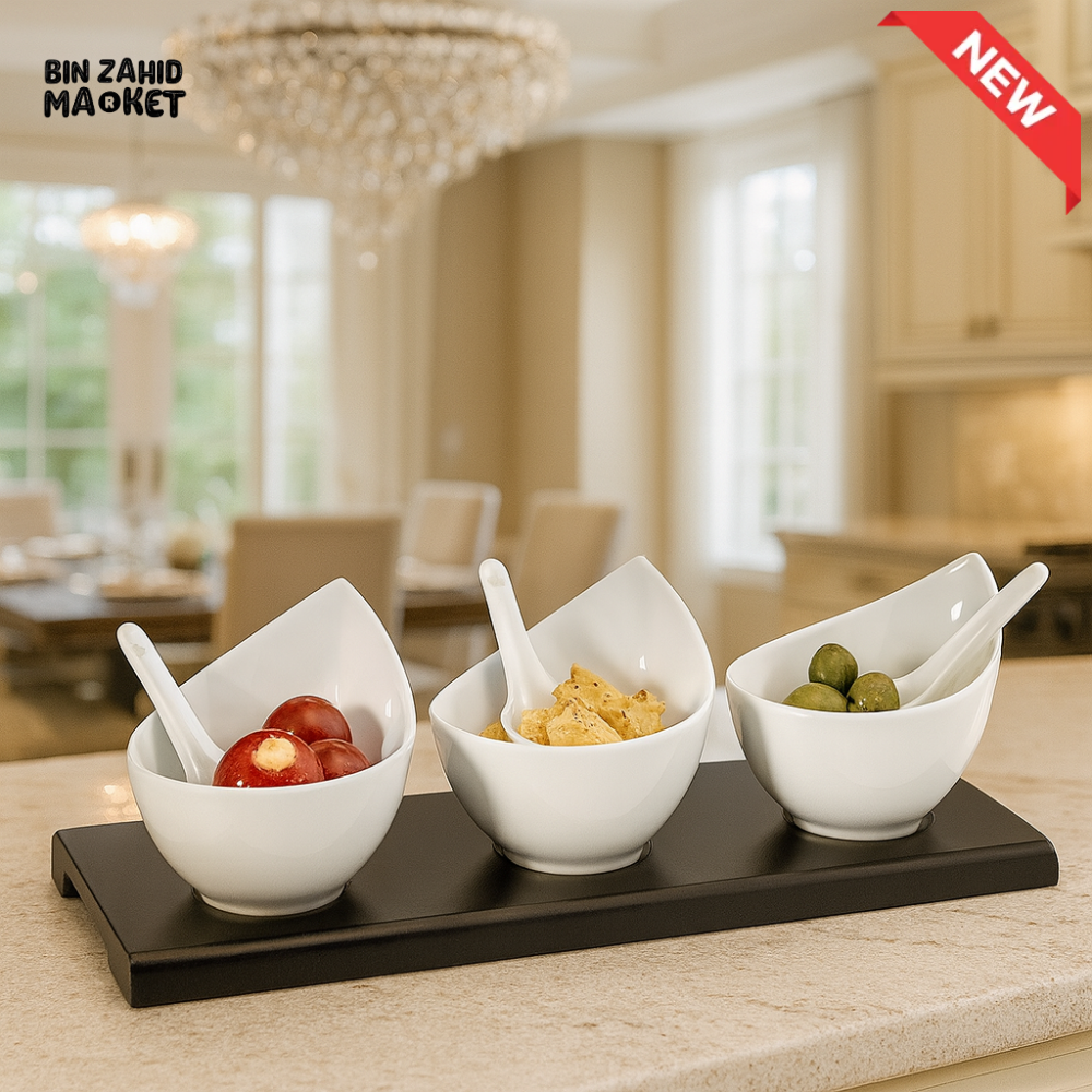SYMPHONY 7 PIECE CERAMIC APPETIZER BOWLS WITH SPOONS AND TRAY – ELEGANT SERVING SET FOR SNACKS SAUCES AND DIPS ’SY4388