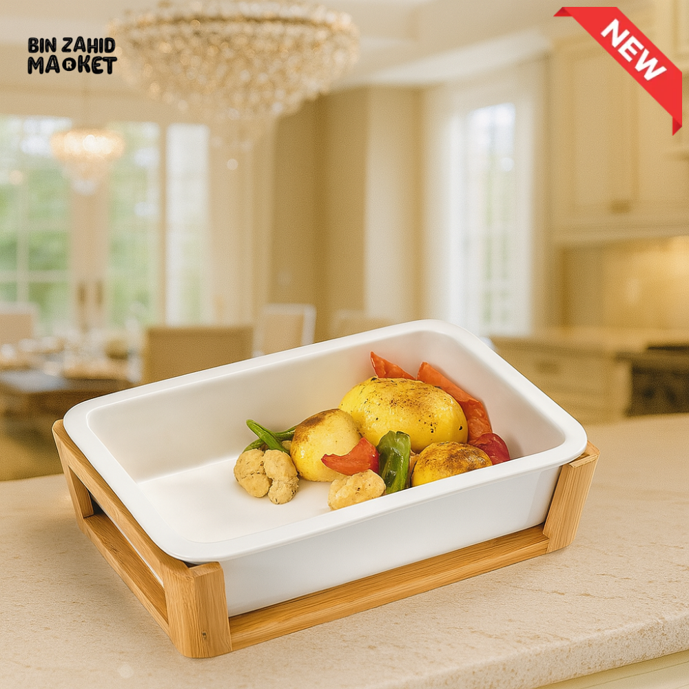 SYMPHONY RECTANGULAR CERAMIC BAKING DISH WITH BAMBOO HOLDER – ELEGANT SERVING TRAY FOR OVEN TO TABLE VEGETABLES AND