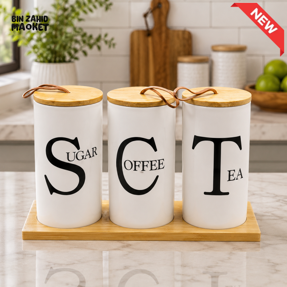 TEA COFFEE & SUGAR CANISTER SET WITH BAMBOO TRAY - 3 PIECE SET