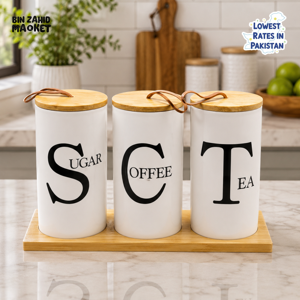 TEA COFFEE & SUGAR CANISTER SET WITH BAMBOO TRAY - 3 PIECE SET