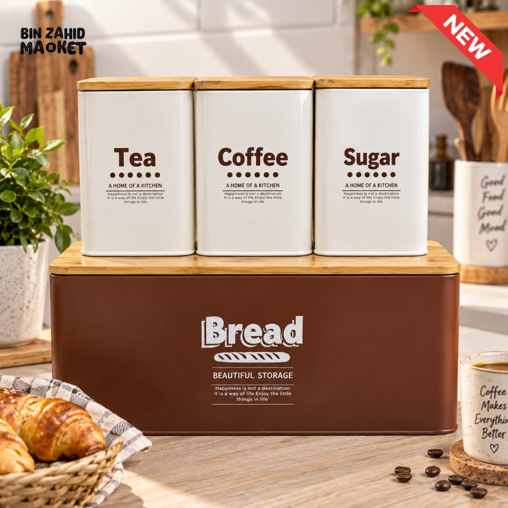 TEA COFFEE SUGAR CANISTER SET WITH BREAD STORAGE BOX