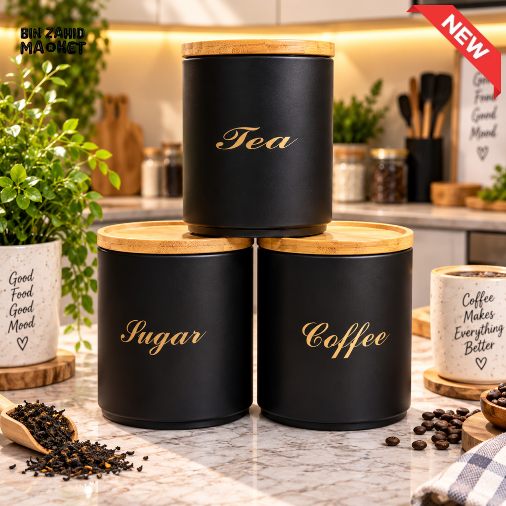 TEA COFFEE SUGAR STORAGE CANISTERS SET WITH BAMBOO LIDS - BLACK
