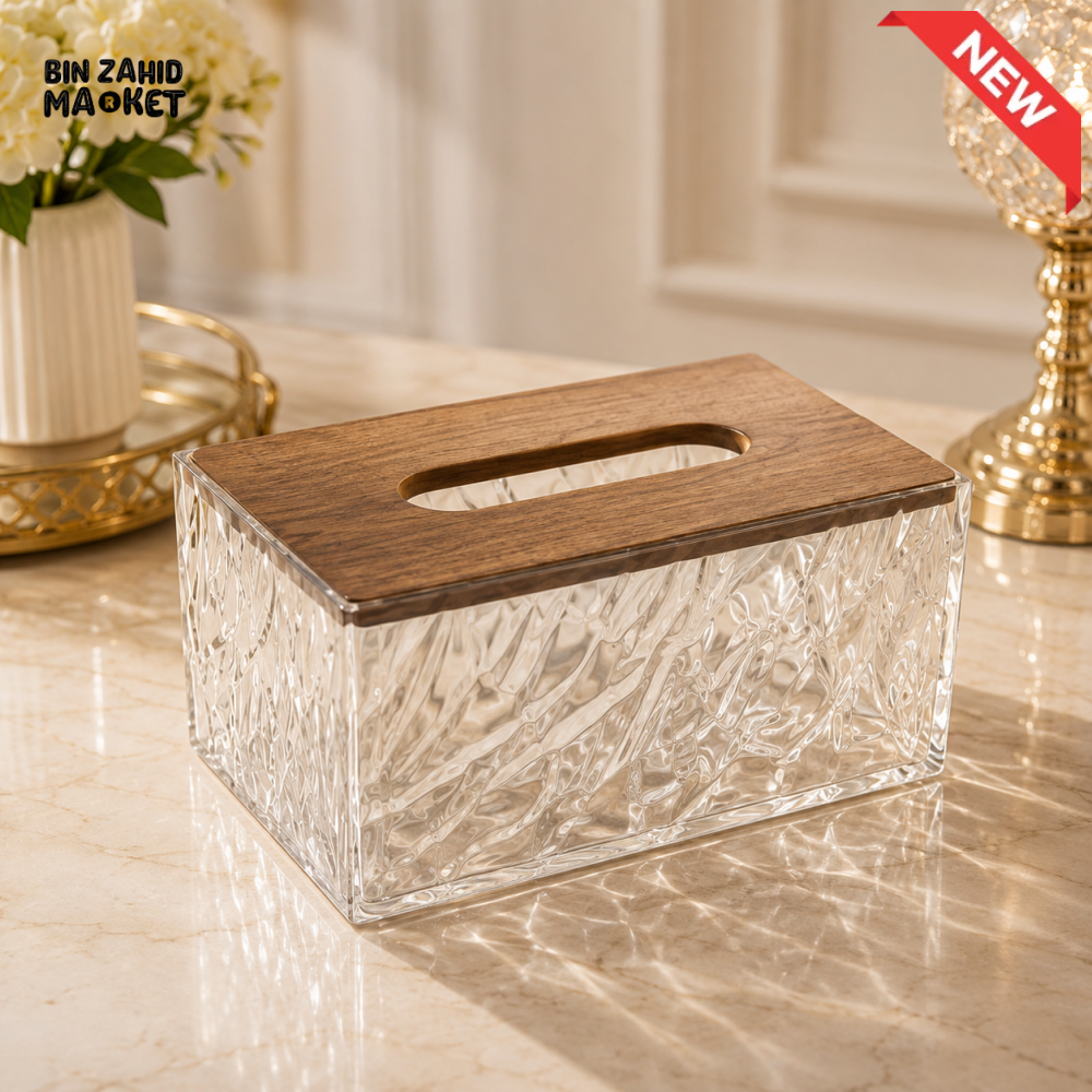 TEXTURED CLEAR TISSUE BOX WITH WOODEN LID