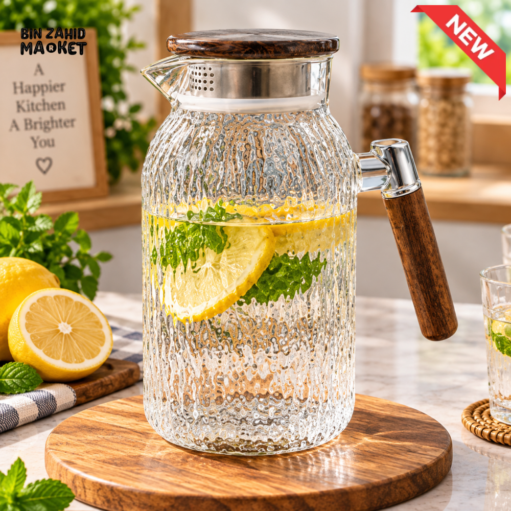TEXTURED GLASS WATER PITCHER WITH LID STRAINER & WOODEN HANDLE