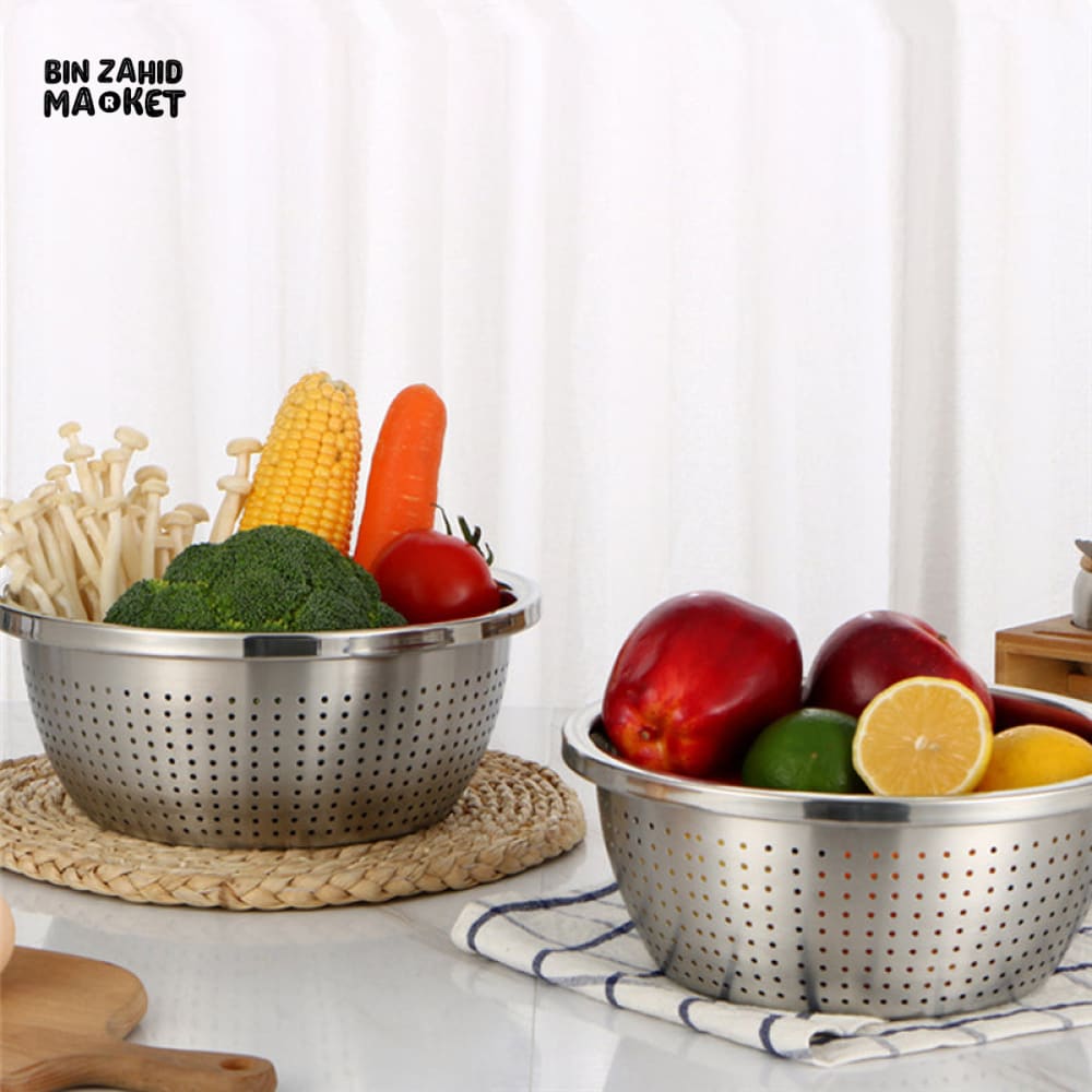 THICKEN STAINLESS STEEL DRAIN BASIN VEGETABLE FRUIT COLANDER RICE SIEVE KITCHEN ACCESSORY