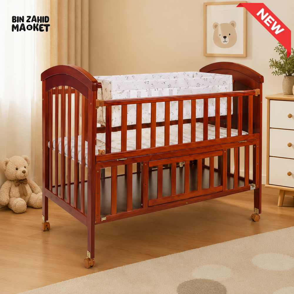 TINNIES WOODEN BABY COT WITH STORAGE – BROWN