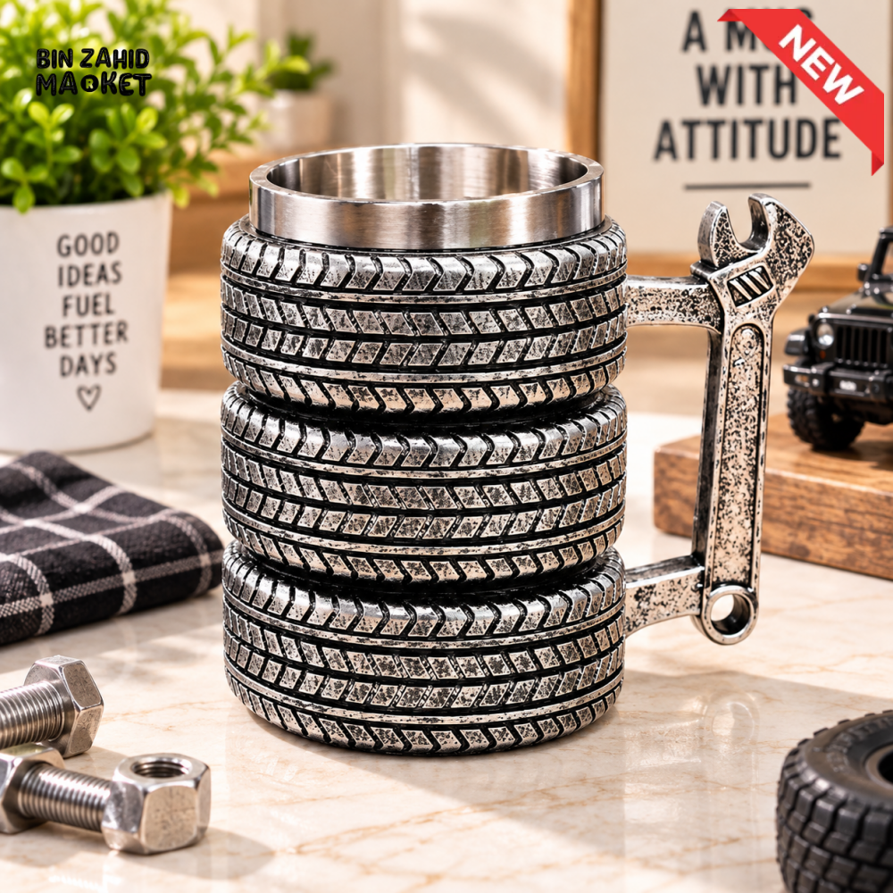 TIRE-STACK STAINLESS STEEL MUG WITH WRENCH-SHAPED HANDLE