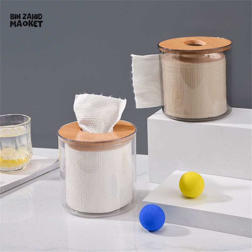 TISSUE STORAGE BOX WITH WOODEN COVER – ROLL PAPER DISPENSER & NAPKIN HOLDER FOR BATHROOM