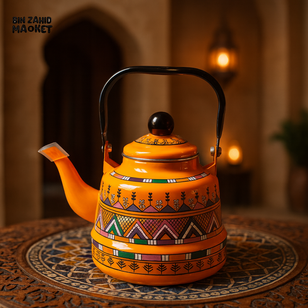 TRADITIONAL PATTERN ENAMEL TEAPOT - ORANGE TEAPOT WITH ETHNIC PATTERN 1.7 LITRE