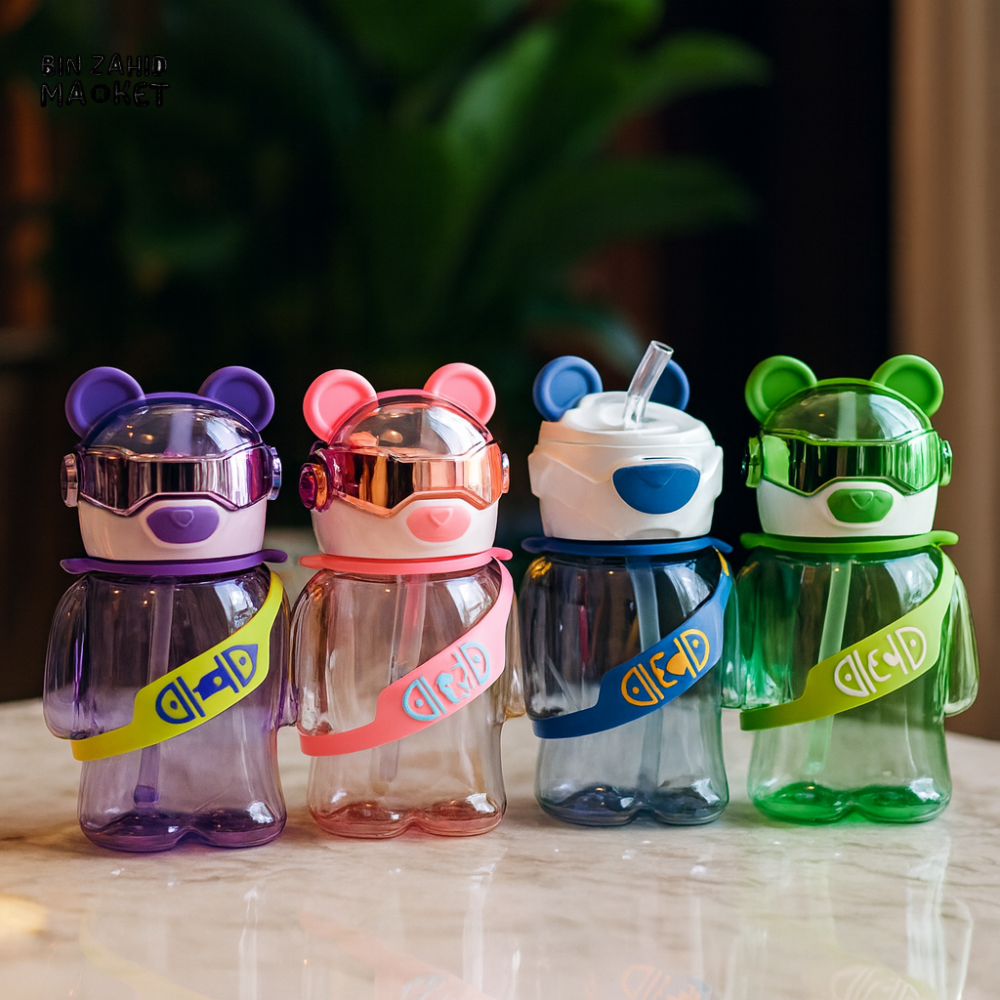 TRANSPARENT BEAR KIDS WATER BOTTLE 700ML – LEAK-PROOF STRAW LID WITH STRAP