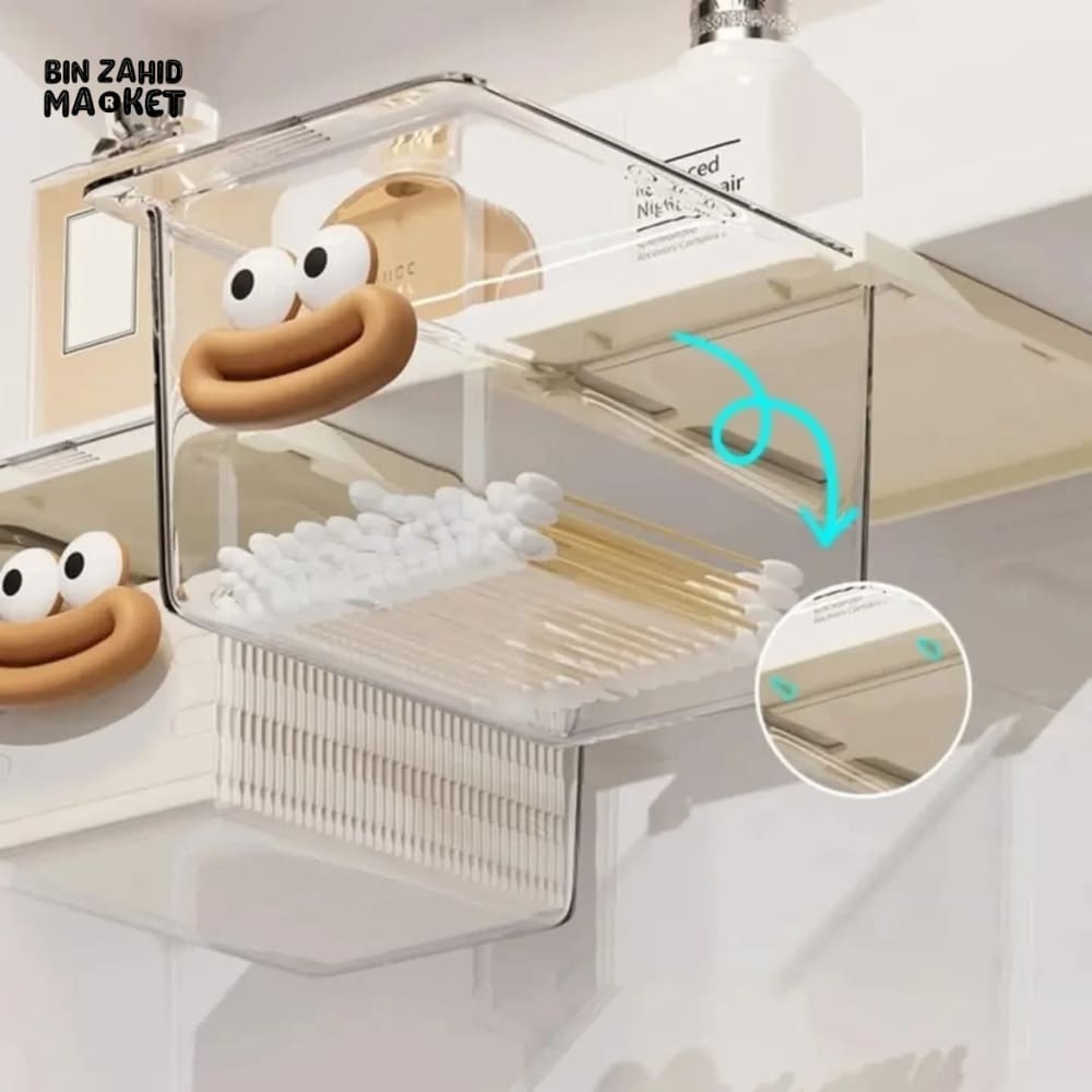 TRANSPARENT CARTOON MAKEUP COTTON STORAGE BOX WITH PULL-OUT SHELF