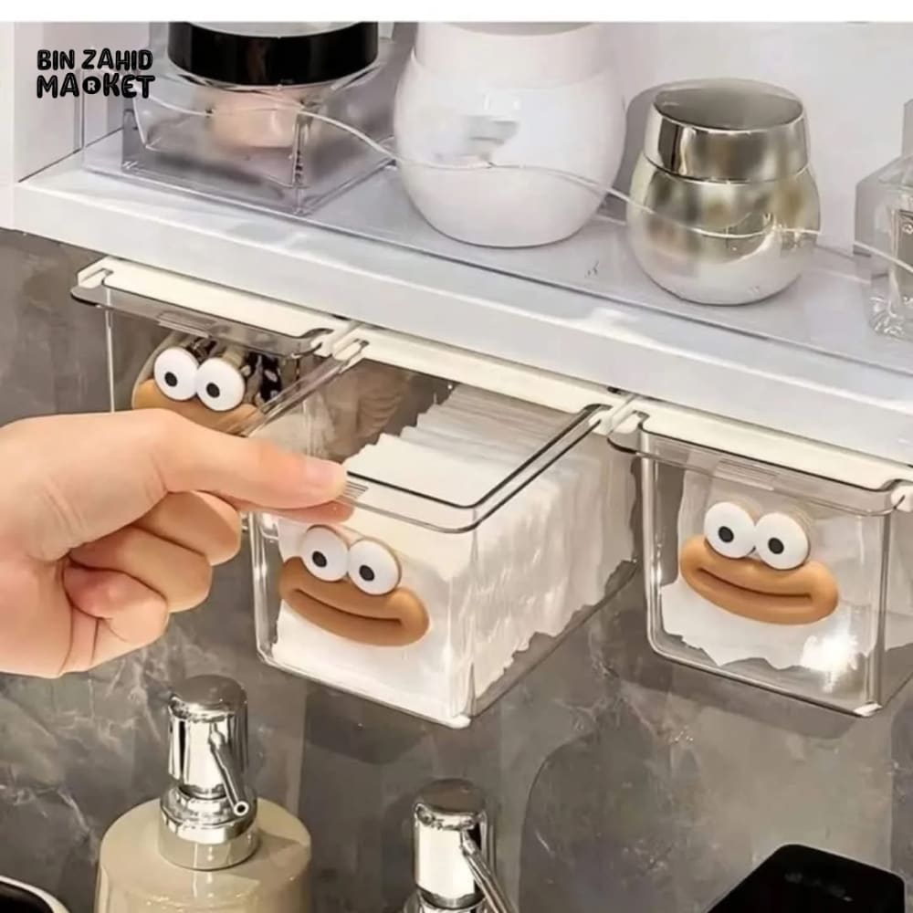 TRANSPARENT CARTOON MAKEUP COTTON STORAGE BOX WITH PULL-OUT SHELF