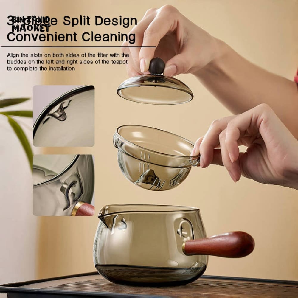 TRANSPARENT GLASS TEAPOT – SIDE-HANDLE BREWER WITH ROTATING FILTER TEAWARE SET