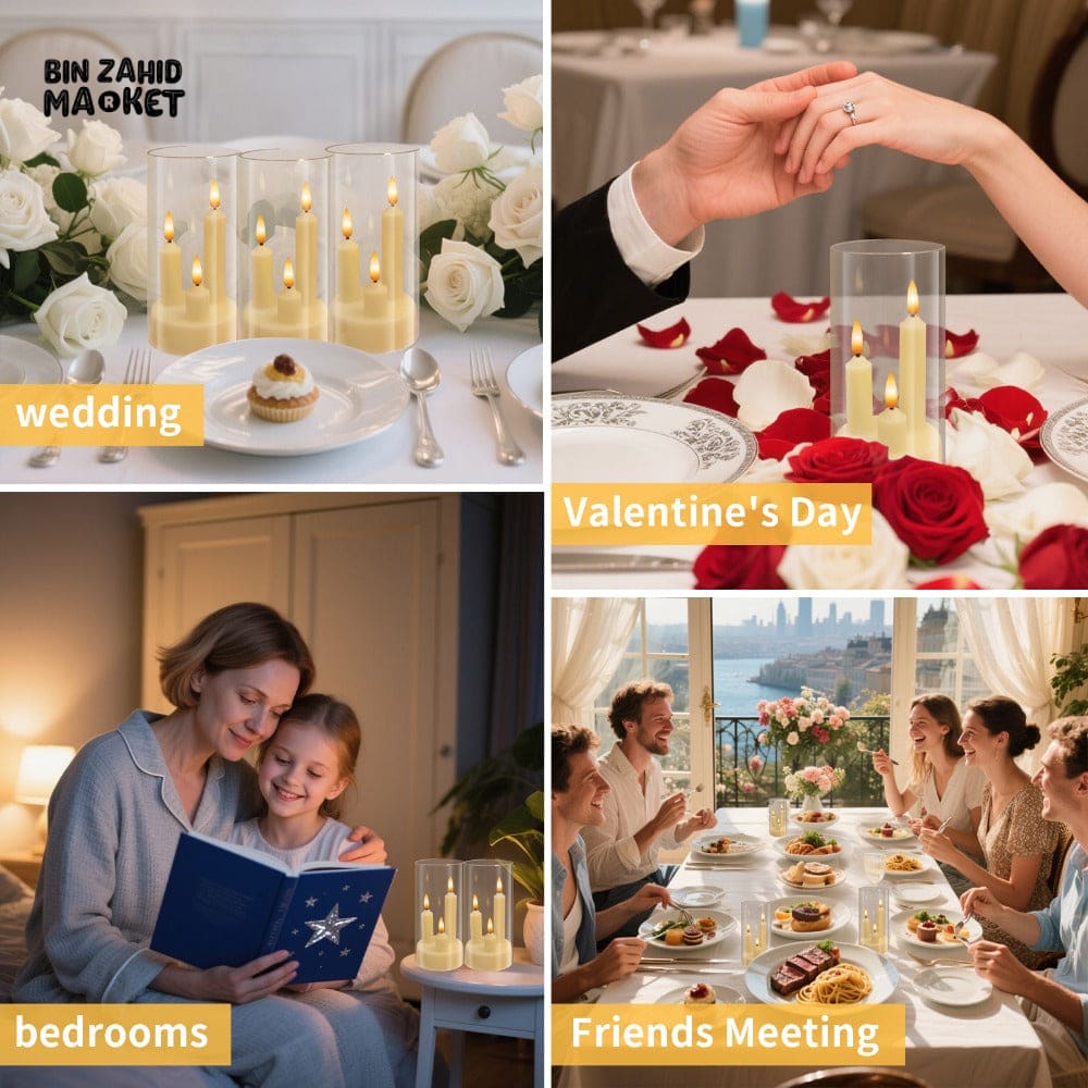 TRANSPARENT LED PLASTIC CANDLES – SET OF 3 FLICKERING SHORT CONES