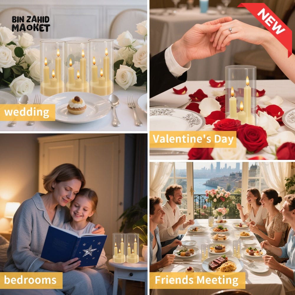 TRANSPARENT LED PLASTIC CANDLES – SET OF 3 FLICKERING SHORT CONES