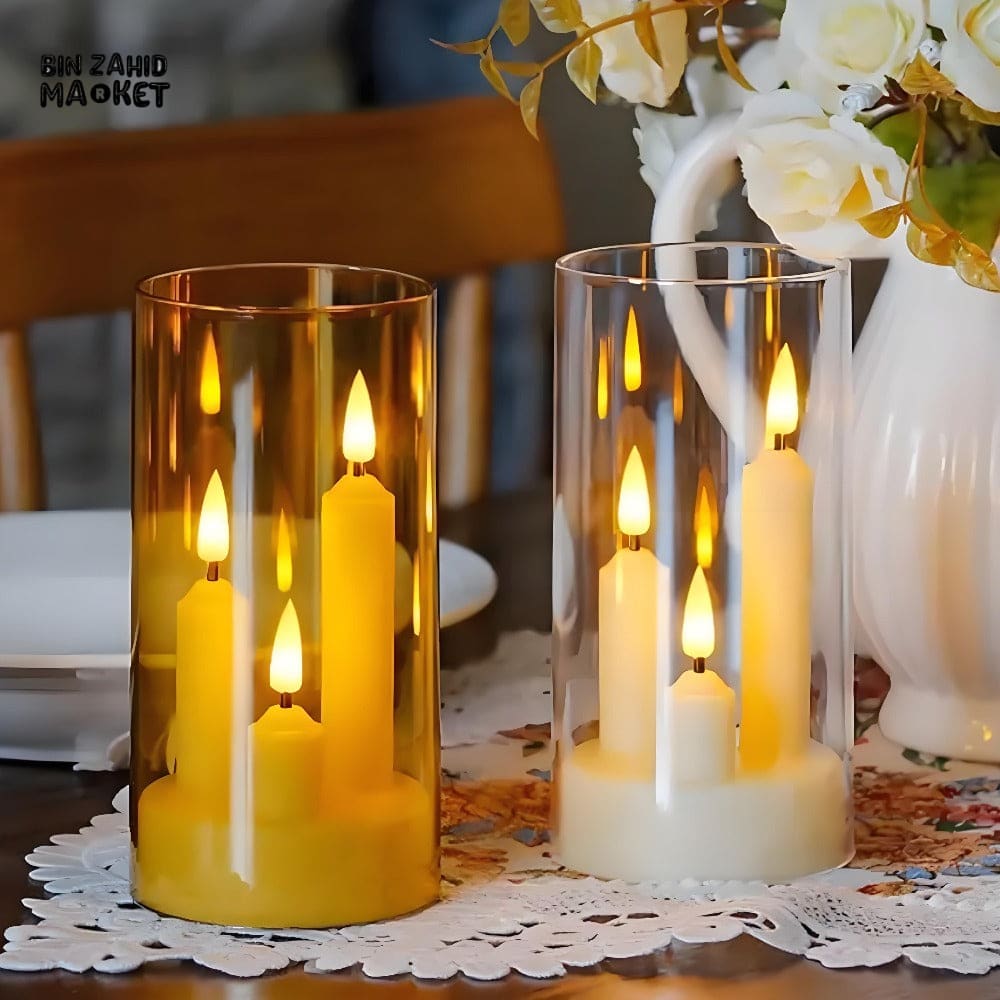 TRANSPARENT LED PLASTIC CANDLES – SET OF 3 FLICKERING SHORT CONES