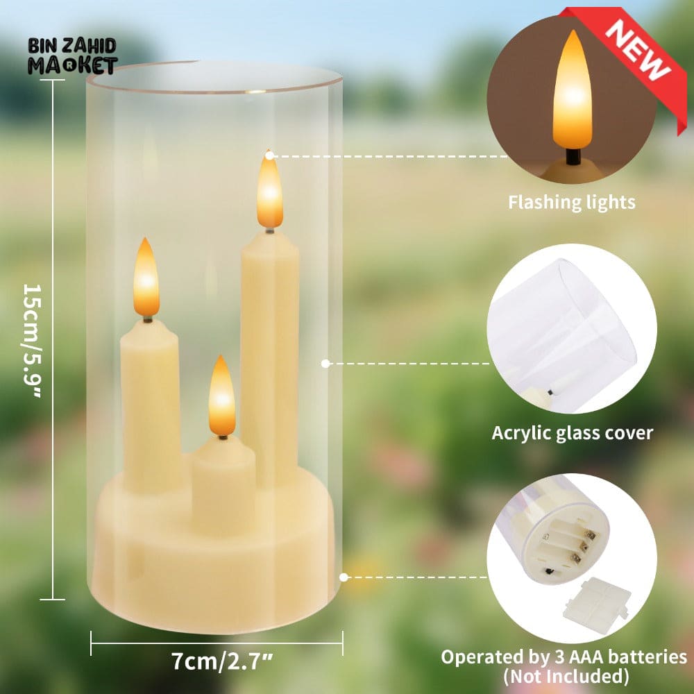 TRANSPARENT LED PLASTIC CANDLES – SET OF 3 FLICKERING SHORT CONES