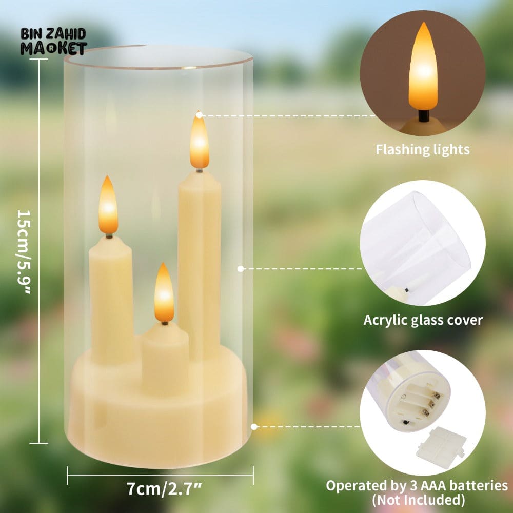 TRANSPARENT LED PLASTIC CANDLES – SET OF 3 FLICKERING SHORT CONES