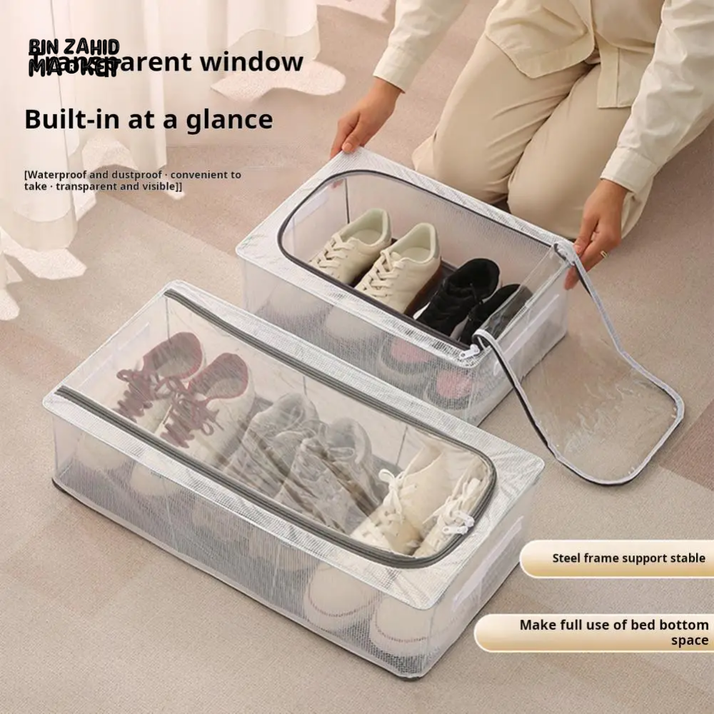 TRANSPARENT STORAGE BOX WITH DOUBLE-SIDED OPENINGS ZIPPER CLOSURE WATERPROOF PVC SHELL DUSTPROOF UNDER-BED SHOE STORAGE BOX