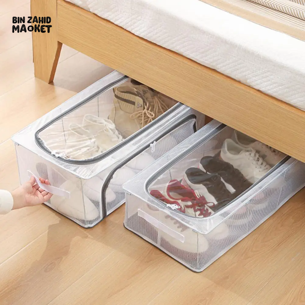 TRANSPARENT STORAGE BOX WITH DOUBLE-SIDED OPENINGS ZIPPER CLOSURE WATERPROOF PVC SHELL DUSTPROOF UNDER-BED SHOE STORAGE BOX