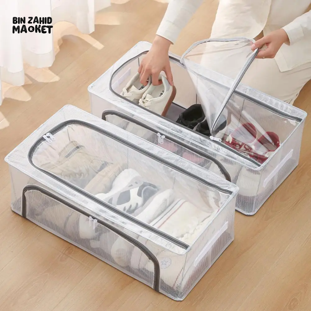 TRANSPARENT STORAGE BOX WITH DOUBLE-SIDED OPENINGS ZIPPER CLOSURE WATERPROOF PVC SHELL DUSTPROOF UNDER-BED SHOE STORAGE BOX LARGE