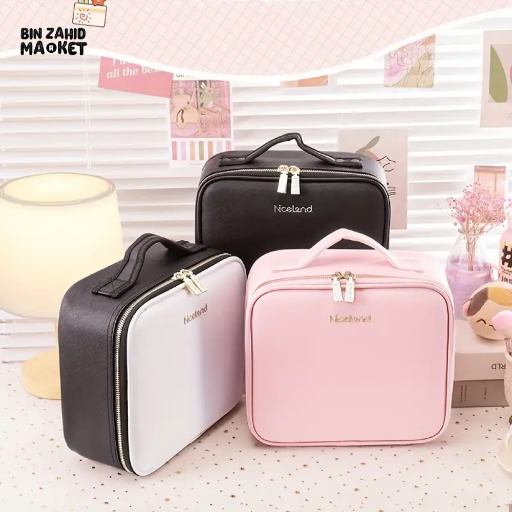 TRAVEL MAKEUP BAG WITH BUILT-IN MIRROR & LED LIGHT – WATERPROOF RECHARGEABLE 3-COLOR OPTIONS