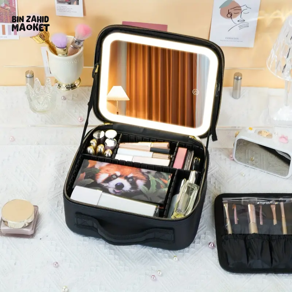 TRAVEL MAKEUP BAG WITH BUILT-IN MIRROR & LED LIGHT – WATERPROOF RECHARGEABLE 3-COLOR OPTIONS