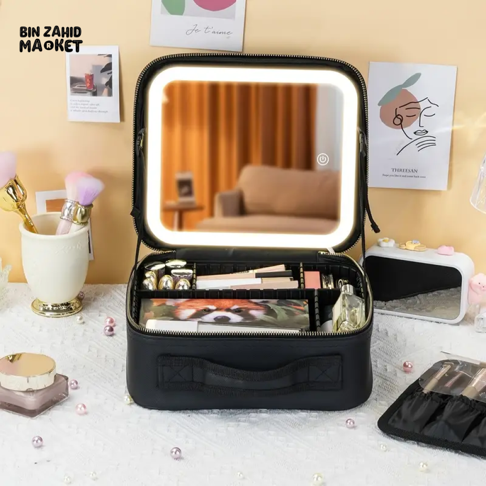 TRAVEL MAKEUP BAG WITH BUILT-IN MIRROR & LED LIGHT – WATERPROOF RECHARGEABLE 3-COLOR OPTIONS