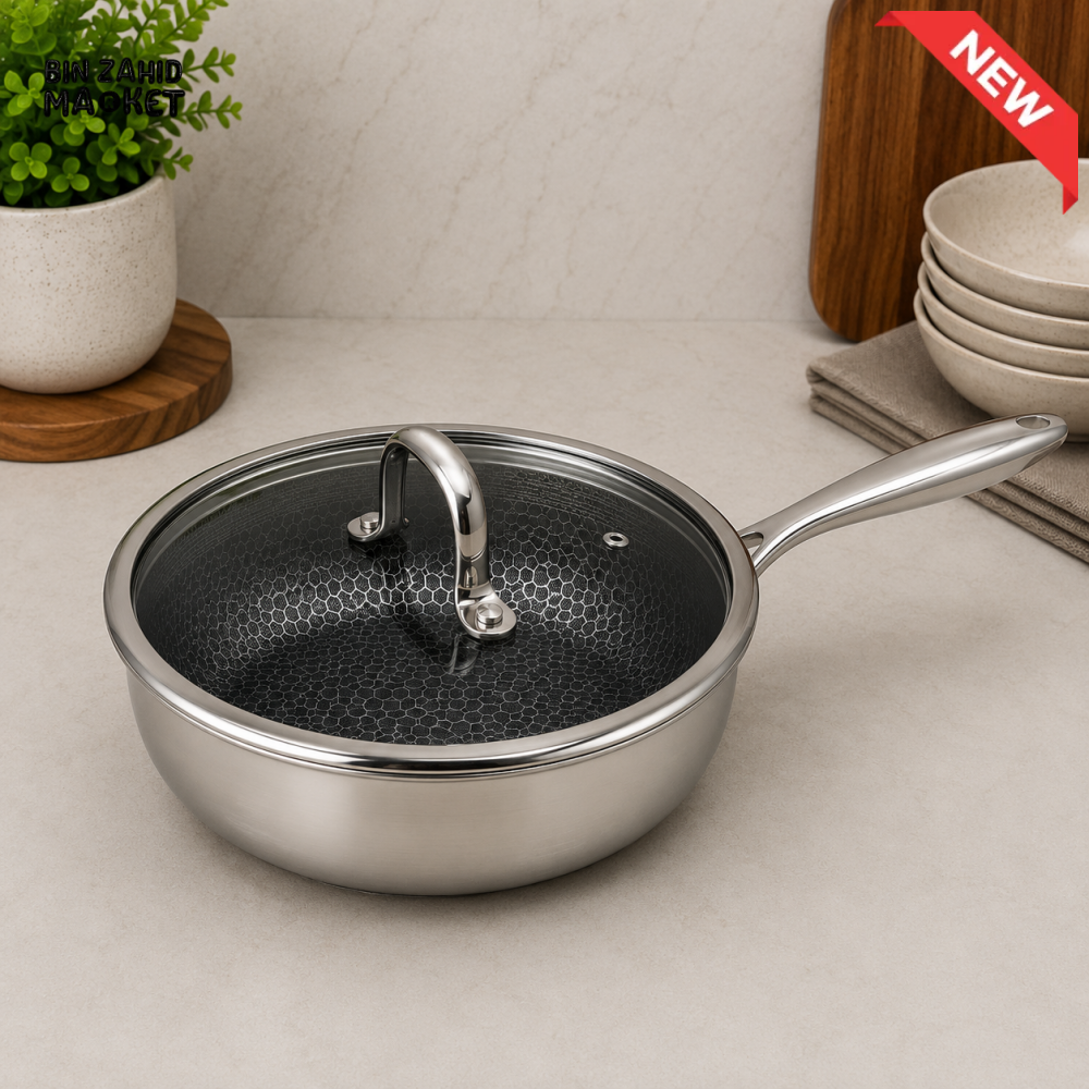 TRI-PLY STAINLESS STEEL DEEP FRY PAN WITH GLASS LID - 24CM