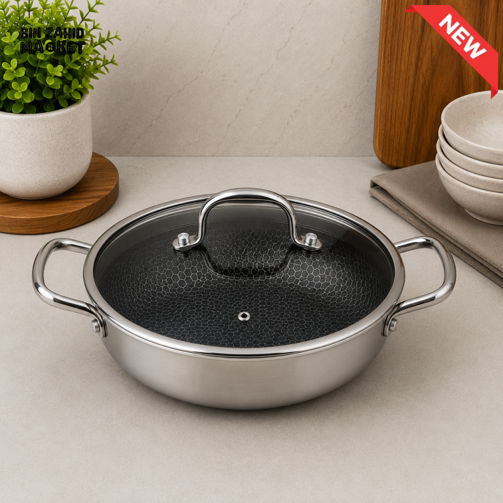 TRI-PLY STAINLESS STEEL SHALLOW CASSEROLE WITH GLASS LID - 28CM