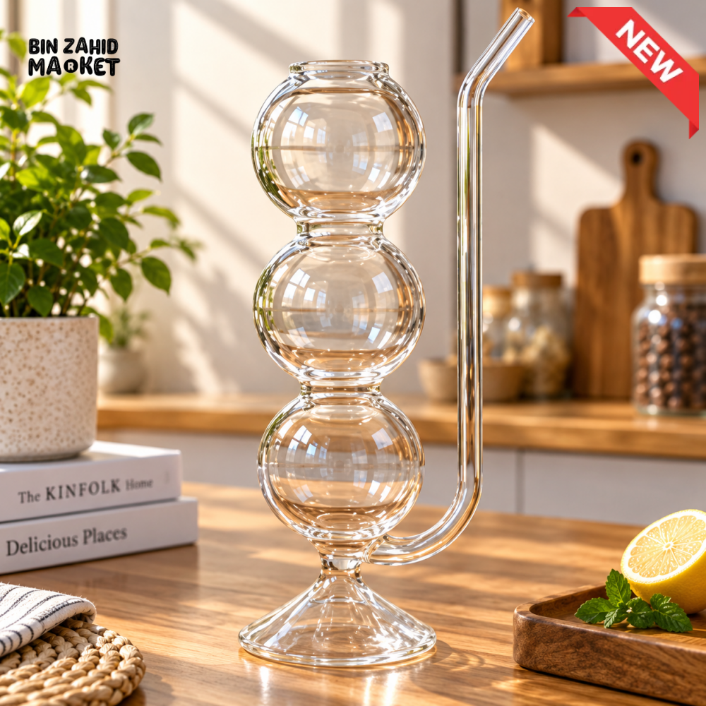 TRIPLE BUBBLE GLASS DRINKING CUP WITH GLASS STRAW