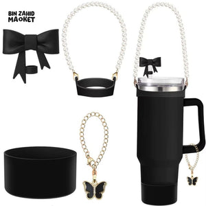 TUMBLER ACCESSORY SET – PEARL STRAP, BOW, BUTTERFLY CHARM & GRIP HOLDER FOR 40OZ CUPS - BLACK