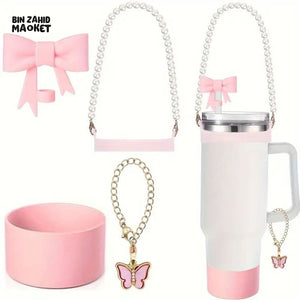 TUMBLER ACCESSORY SET – PEARL STRAP, BOW, BUTTERFLY CHARM & GRIP HOLDER FOR 40OZ CUPS - LIGHT PINK
