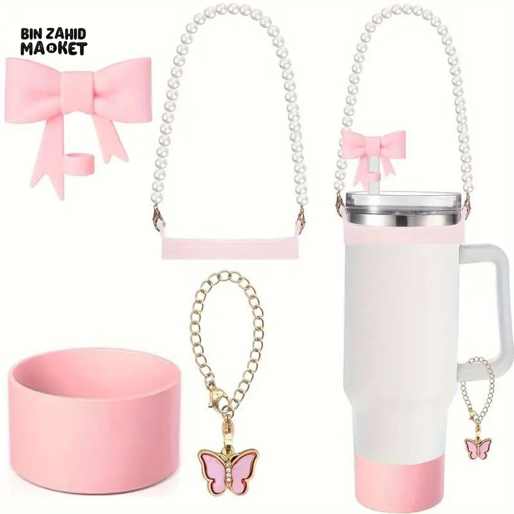 TUMBLER ACCESSORY SET – PEARL STRAP, BOW, BUTTERFLY CHARM & GRIP HOLDER FOR 40OZ CUPS - LIGHT PINK