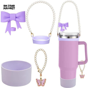 TUMBLER ACCESSORY SET – PEARL STRAP, BOW, BUTTERFLY CHARM & GRIP HOLDER FOR 40OZ CUPS - LILAC