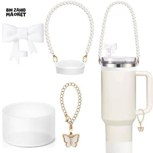 TUMBLER ACCESSORY SET – PEARL STRAP, BOW, BUTTERFLY CHARM & GRIP HOLDER FOR 40OZ CUPS - WHITE