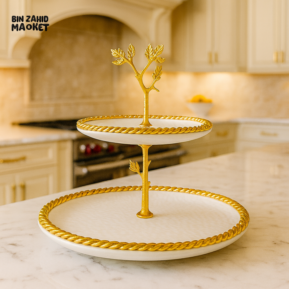 TWO-TIER SERVING TRAY WITH GOLD TREE HANDLE – LUXURY DESSERT STAND DISPLAY - ROUND