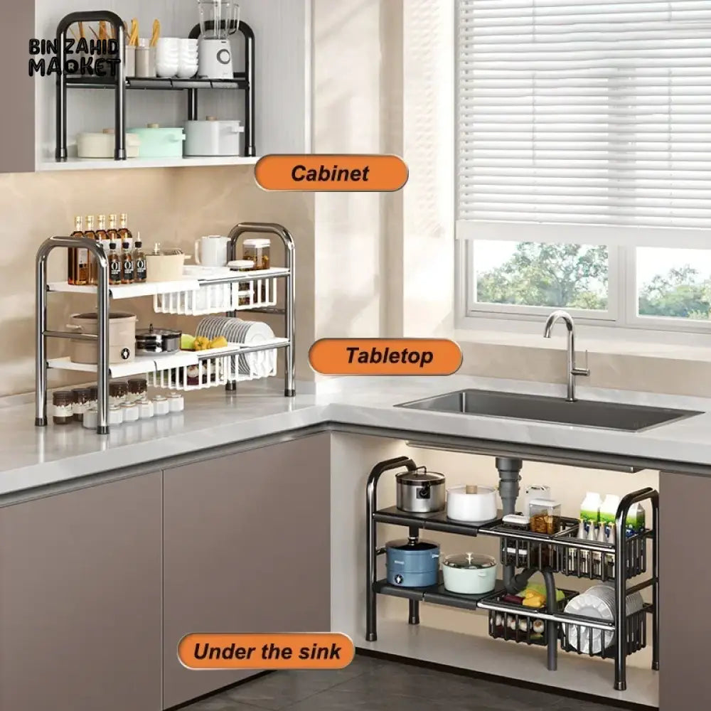 UNDER SINK ADJUSTABLE POT RACK – MULTIFUNCTIONAL STORAGE FOR DISHES PANS SNACKS AND COOKWARE