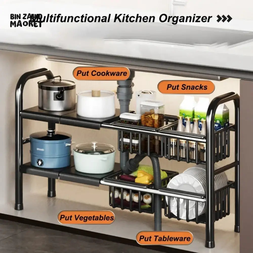 UNDER SINK ADJUSTABLE POT RACK – MULTIFUNCTIONAL STORAGE FOR DISHES PANS SNACKS AND COOKWARE