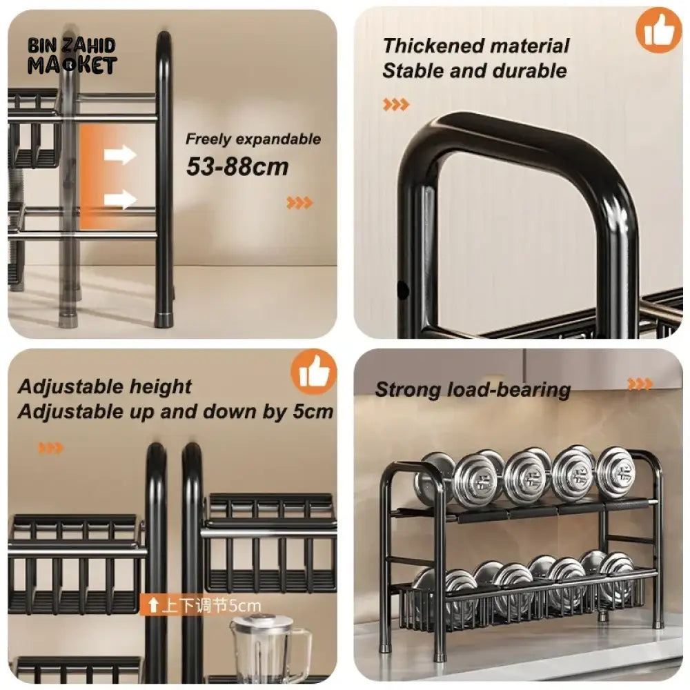 UNDER SINK ADJUSTABLE POT RACK – MULTIFUNCTIONAL STORAGE FOR DISHES PANS SNACKS AND COOKWARE