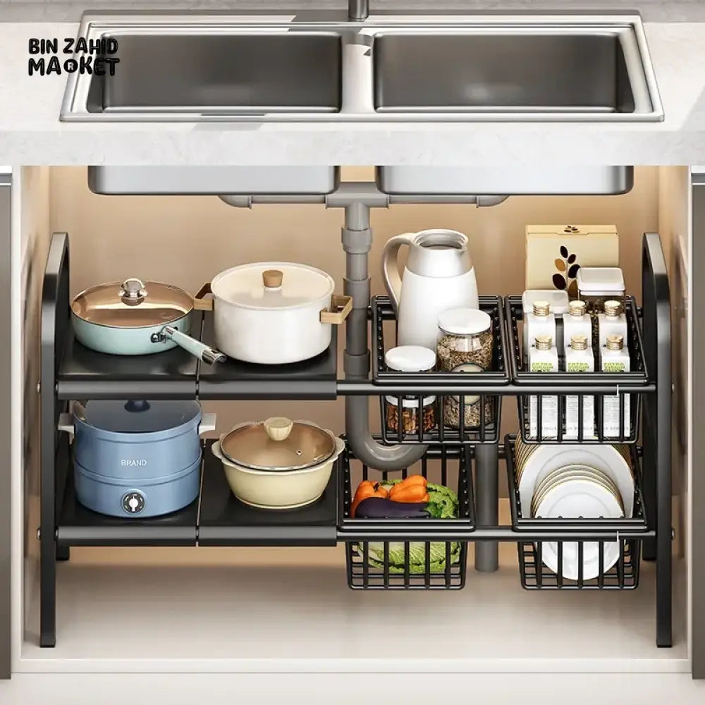 UNDER SINK ADJUSTABLE POT RACK – MULTIFUNCTIONAL STORAGE FOR DISHES PANS SNACKS AND COOKWARE