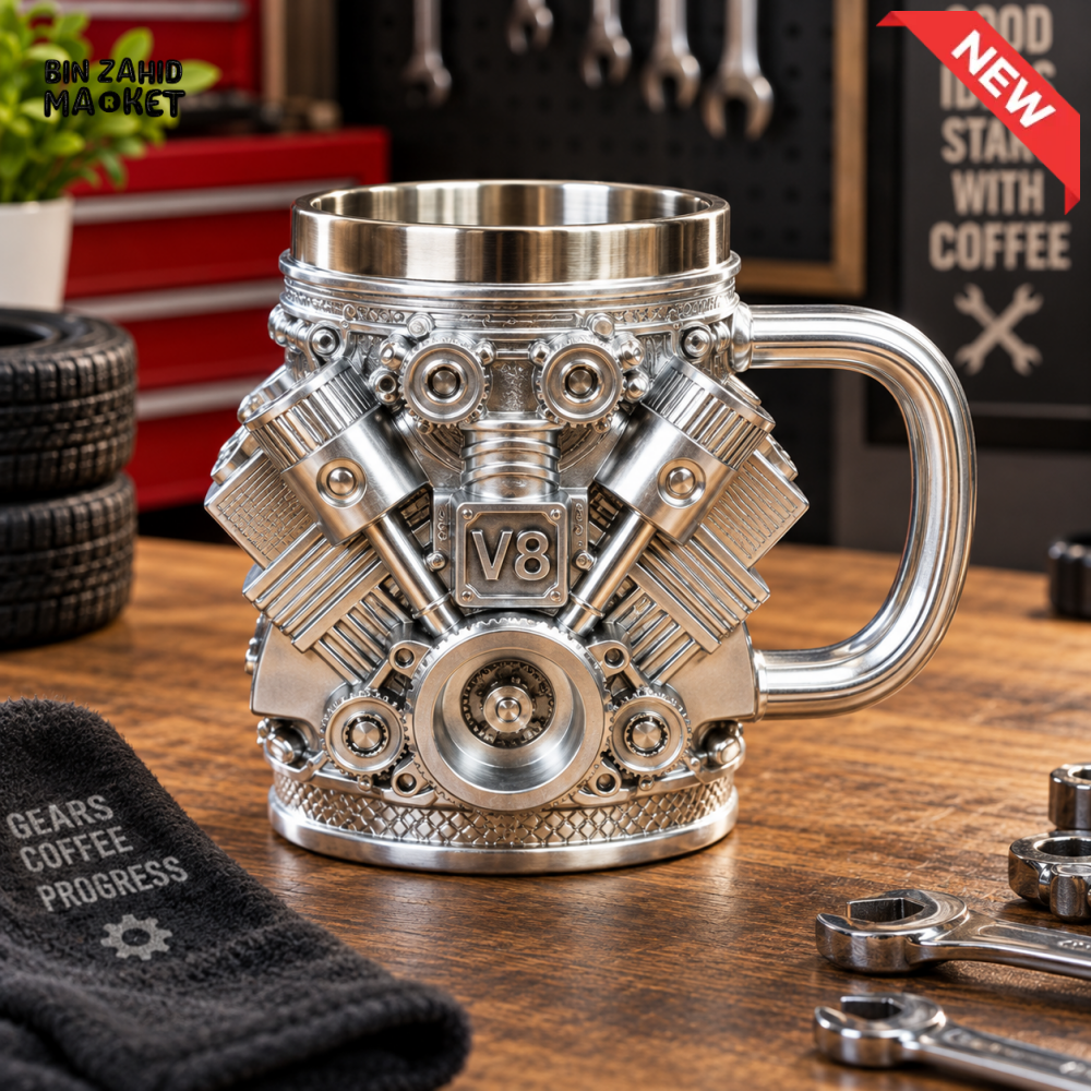 V8 ENGINE-SHAPED METALLIC COFFEE MUG – SILVER