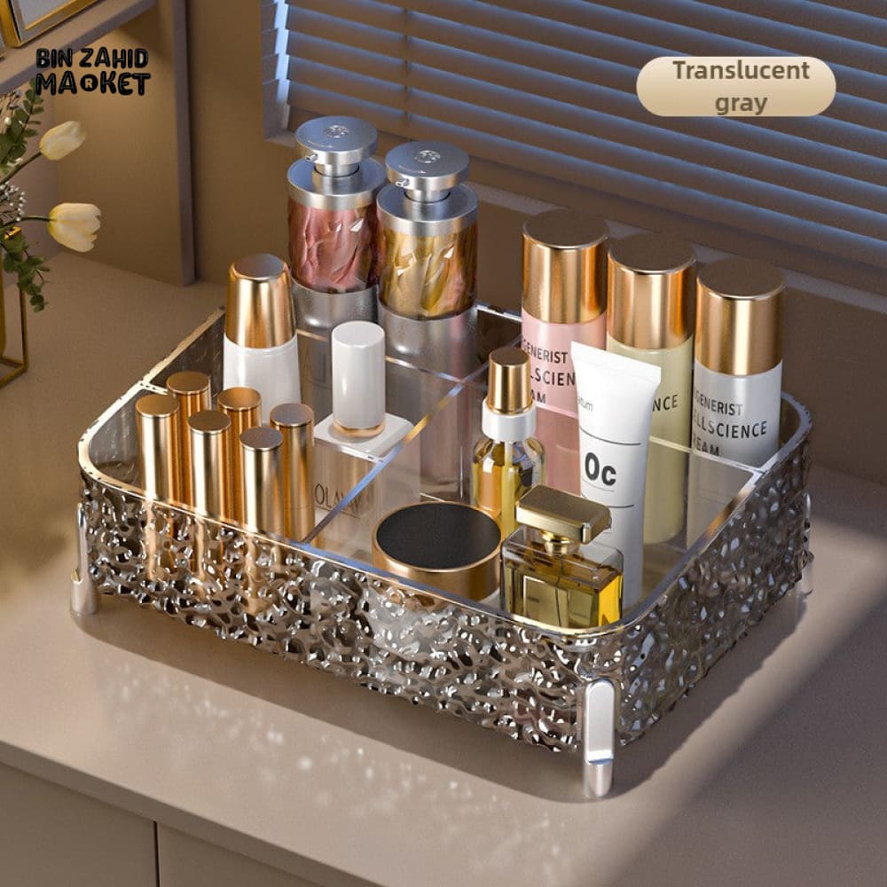 VANITY DESKTOP MAKEUP ORGANIZER – DIVIDED COSMETIC BOX SHELF CLEAR LIPSTICK & BRUSH COMPARTMENTS