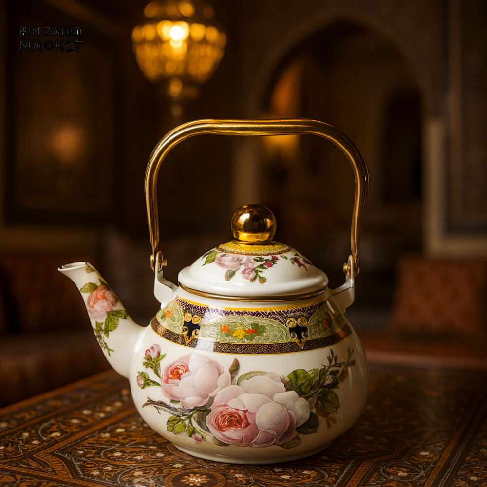 VINTAGE FLORAL ENAMEL KETTLE – WHITE TEAPOT WITH GOLD KNOB - 2.5 LITRE