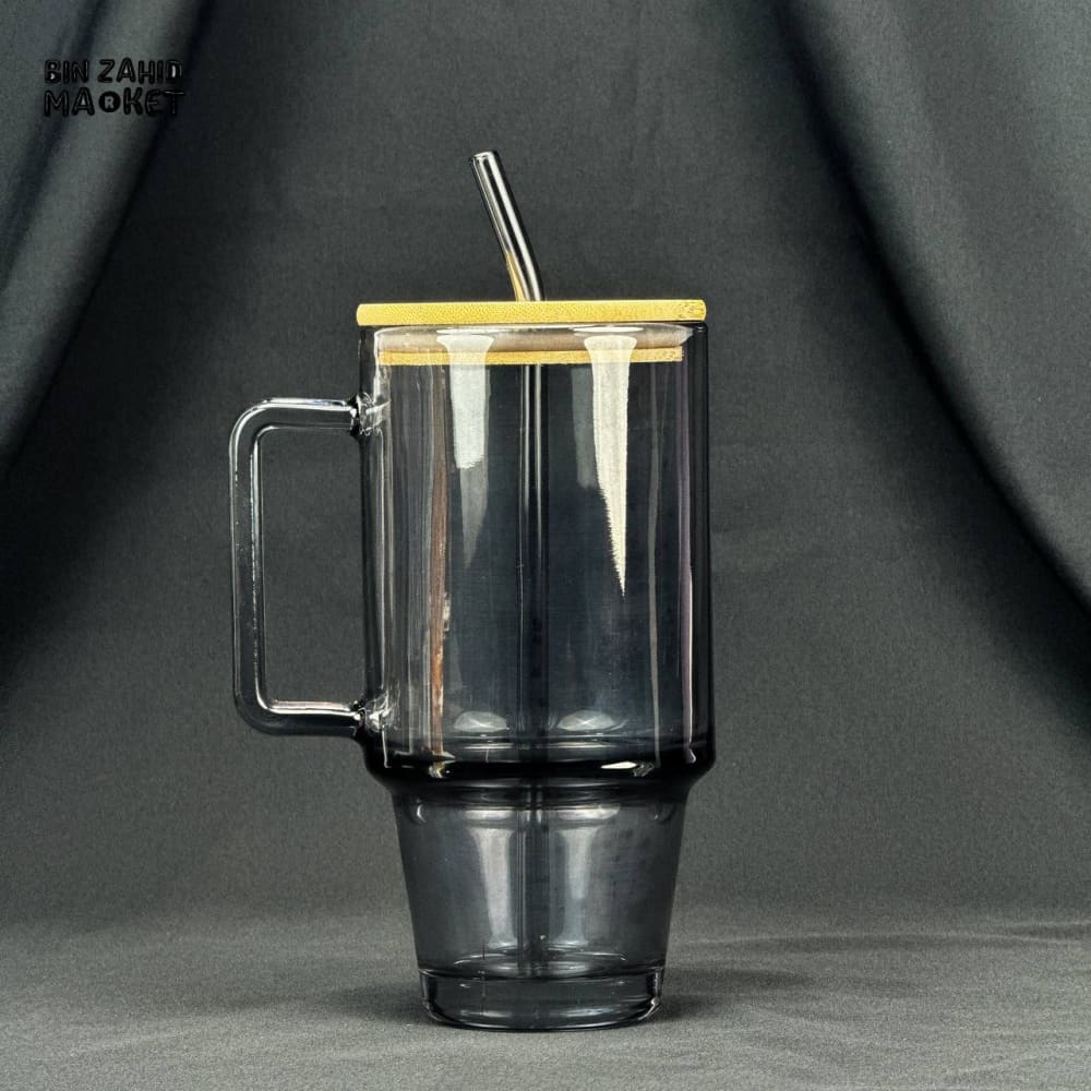 VINTAGE GLASS CUP 600ML WITH BAMBOO LID & STRAW - PLAIN BLACK