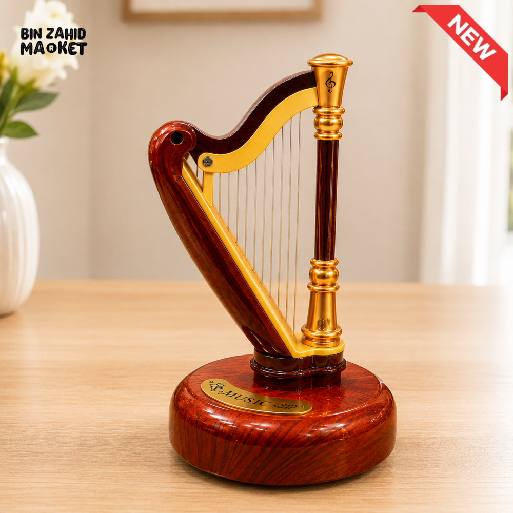 VINTAGE HARP MUSIC BOX WITH WOODEN BASE
